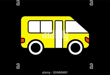 Simple yellow school bus icon on black background with public transport Stock Vector