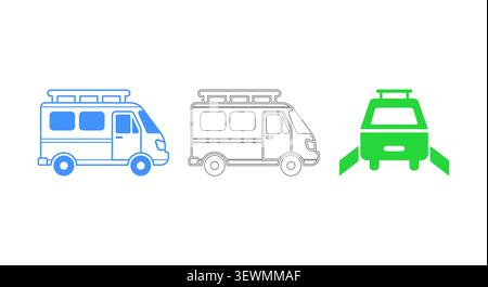 Set of camper van and caravan icons with recreational vehicle, line art Stock Vector