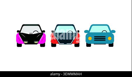 Three colorful cars facing forward illustration on white background Stock Vector
