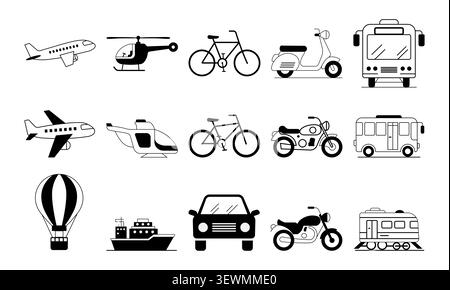 Collection of diverse transportation icons and illustrations with hot air balloo Stock Vector