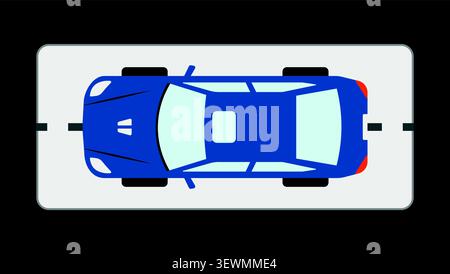 Top view illustration of a blue car parked on a road with moving company Stock Vector