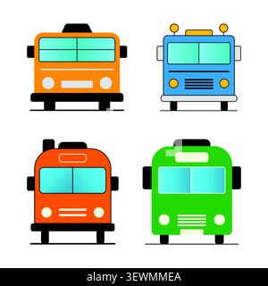 Front view of four colorful modern bus illustrations public transport Stock Vector
