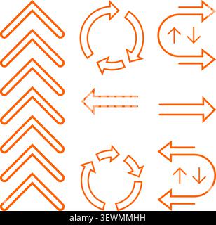 Set of 9 diverse orange arrow icons on a white background: directional, circular, and stacked arrows Stock Vector