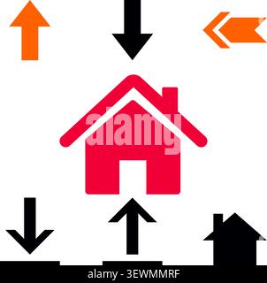 Arrows pointing towards and away from a house icon, symbolizing real estate transactions and home services Stock Vector