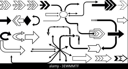 Orange Arrows Showing Different Directions and Pathways, Including a Radial Burst Stock Vector