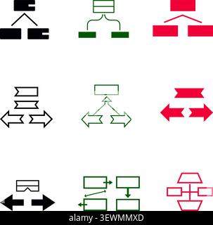 Abstract branching and directional flow diagrams with arrows and colored nodes Stock Vector
