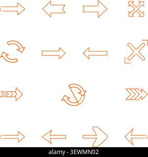 Collection of 16 orange arrow icons with diverse shapes and directional pointers Stock Vector