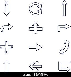 Collection of 12 diverse outline arrow icons for navigation and direction Stock Vector