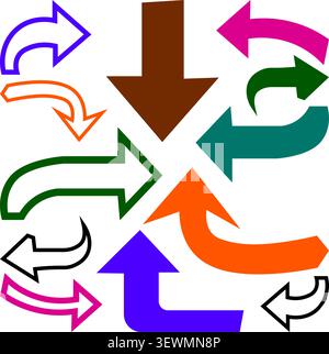 Diverse Arrows in Bright Colors Pointing Inward and Outward Stock Vector