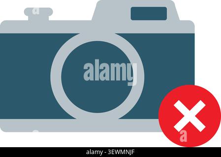 An illustrative flat icon of a digital camera featuring a red circle and white cross to indicate no photography. Stock Vector