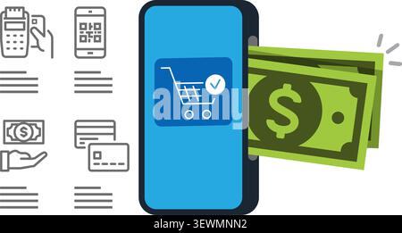 A flat vector illustration showing various electronic payment methods, mobile banking, and digital wallet technology. Stock Vector
