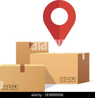 flat illustration of brown shipping packages and a red destination pointer for logistics and distribution services. Stock Vector