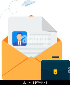 A flat vector illustration showing an envelope with a resume and a briefcase, representing employment and hiring. Stock Vector