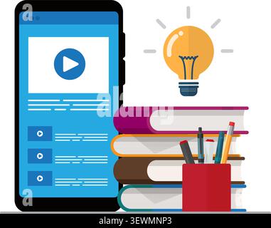an illustration of a smartphone displaying video courses next to a stack of books and a lightbulb representing ideas. Stock illustration. Stock Vector