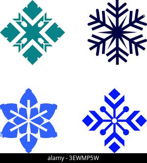 Collection of four blue snowflake and geometric graphics with white background Stock Vector