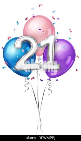 A celebratory illustration featuring silver 21 balloons surrounded by pink, blue, and purple party balloons with confetti falling. Stock Vector