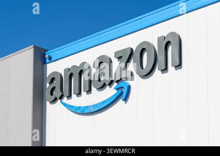 Closeup Amazon logo on the exterior of a building. Toronto, Canada. American multinational technology company. Stock Photo