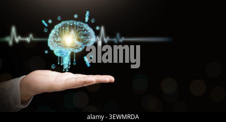 AI brain above doctor hand with ECG waveform on dark copyspace. Artificial intelligence, clinical intelligent, digital healthcare, precision medicine, Stock Photo