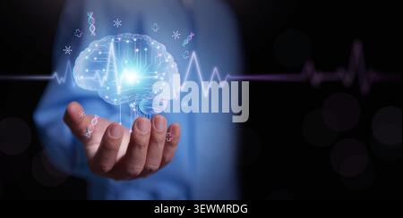 Doctor holds AI brain, digital healthcare interface, and ECG waveform. Artificial intelligence, clinical intelligent, medical innovation, precision me Stock Photo