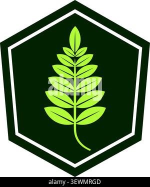 Green Leafy Plant on Hexagonal Shield, Eco Icon, Leaf Shape Stock Vector