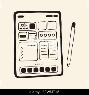 Hand drawn vector tablet with a stylus. Minimalist line art illustration of a digital planner showing calendar and task lists on screen. Creative Stock Vector