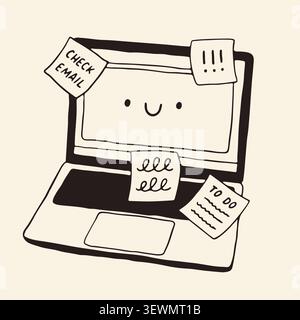 Minimalist doodle of a cute laptop with sticky notes check email and to do list. Line art illustration of a computer screen with a smiling face. Cute Stock Vector