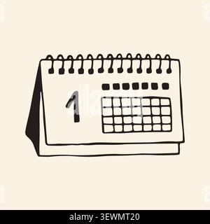 Hand drawn calendar showing number one. Minimalist line art doodle of a desktop spiral calendar. Planning icon or symbol for the first day of the Stock Vector