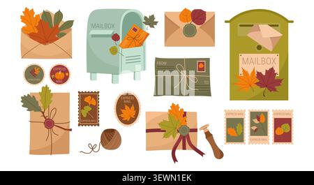 Autumn mail vector set with mailboxes envelopes stamps and fall leaves flat Stock Vector