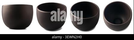 set of black ceramic bowls isolated white background, dark matte empty dishware in different angles, mock-up template Stock Photo