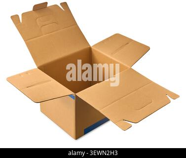 open blank empty cardboard box isolated white background, brown corrugated paper container with flaps folded out, mock-up template of packaging Stock Photo