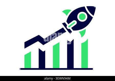Accelerated growth icon. solid icon style. of a rocket launching upward along an ascending growth bar chart and rising arrow. Stock Vector