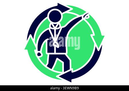 Continuous learning icon. solid icon style. of a coach pointing forward, enclosed within two circular, rotating refresh arrows Stock Vector