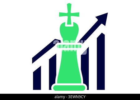 Strategy planning icon. solid icon style. of a chess king piece standing in front of an ascending growth bar chart with a rising arrow. Stock Vector