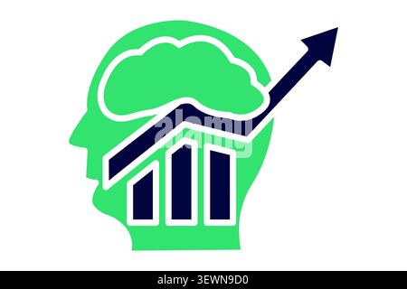 Cognitive icon. solid icon style. featuring a profile of a human head with a visible brain and an ascending growth chart with a rising arrow inside Stock Vector