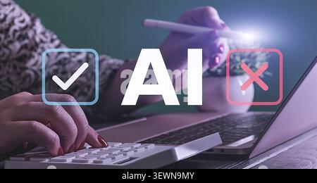 This visual perfectly represents topics like AI ethics, technology risk assessment, human vs. machine decision-making, fact-checking, pros and cons of Stock Photo