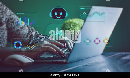A businesswoman's hands are seen typing on a laptop with a glowing augmented reality overlay of an AI chatbot interface. Stock Photo