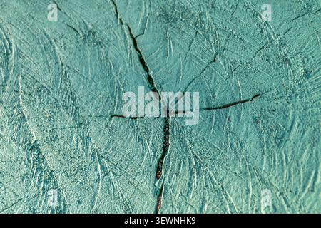 Closeup of a green painted tree stump showing natural wood grain cracks and weathered texture creating a rustic abstract background for design and dec Stock Photo