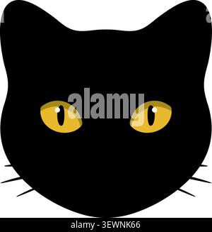 Flat illustration of a black cat face with yellow eyes pointed ears dark nose and long whiskers Stock Vector