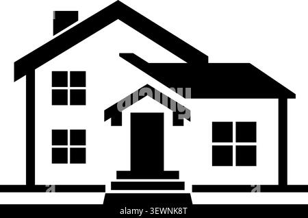 Flat illustration of a white farmhouse with dark roof front porch chimney windows and centered entrance Stock Vector