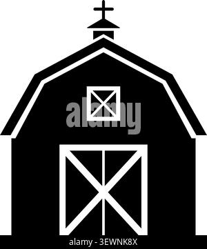 Flat illustration of a black barn front with a peaked roof loft window and large white crossed door Stock Vector