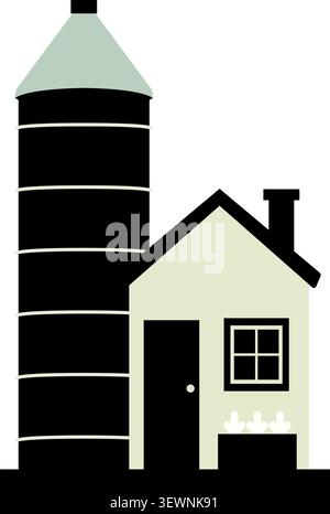 Flat illustration of a tall farm silo beside a small house with dark roof chimney and simple windows Stock Vector