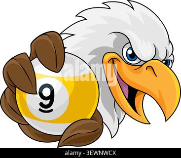 A bald eagle bird nine ball pool billiards sports team mascot holding a 9 ball. Stock Vector