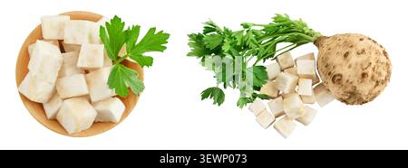 Fresh celery root with leaf in wooden bowl isolated on white background. Top view. Flat lay. Stock Photo
