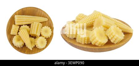 Pickled young baby corn cobs in wooden bowl isolated on white background. Top view. Flat lay Stock Photo