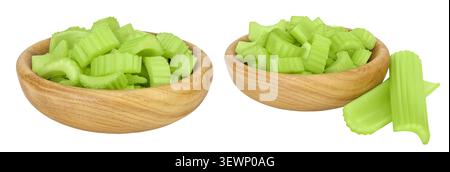 fresh celery in wooden bowl isolated on white background with full depth of field Stock Photo