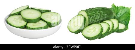 Sliced cucumber in ceramic bowl isolated on white background with full depth of field Stock Photo