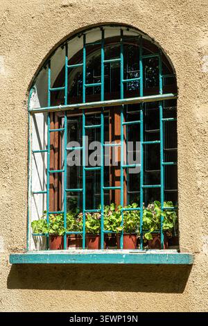 Historic arched window with turquoise iron bars and flower boxes set into a textured exterior wall under bright sunlight. Stock Photo