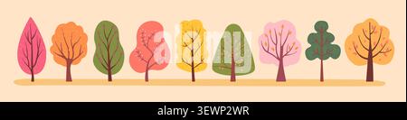 Set of isolated autumn trees with brightly colored foliage. Fall season botanical set. Collection of simple hand drawn woods of different shapes and colors. Autumn forest. Vector illustration. Stock Vector