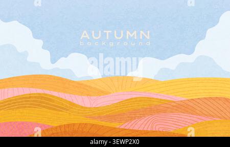 Autumn rural landscape with hills and agricultural fields. Beautiful fall panorama view, minimal design with sky,cloud, hills,fields, nature landscape. Agriculture and farming concept. Textured vector Stock Vector