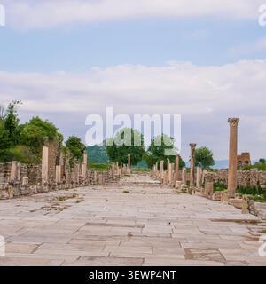 A view of the historic marble paved street lined with ancient stone columns at the archaeological site of Ephesus in Turkey. Stock Photo